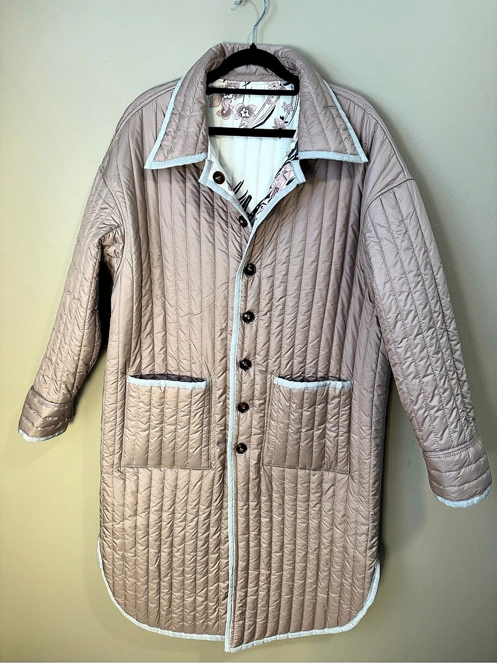 PAPILLON Women's Floral Quilted Reversible Long Coat Jacket Dusty Rose L